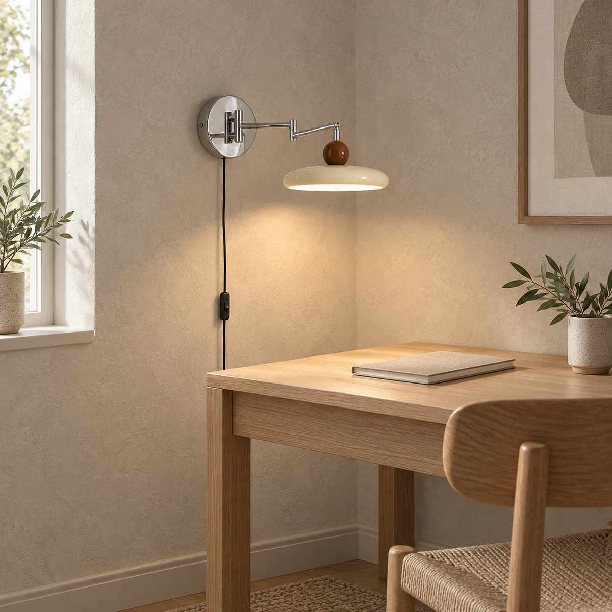 Tovessi beige LED wall sconce lit in a study with its cord descending to the inline switch
