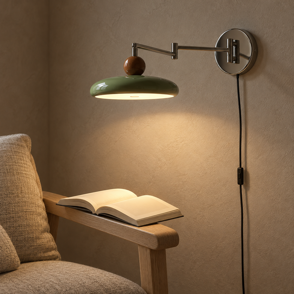 Tovessi green swing arm wall lamp lighting a book on a chair in a library alcove #color_green