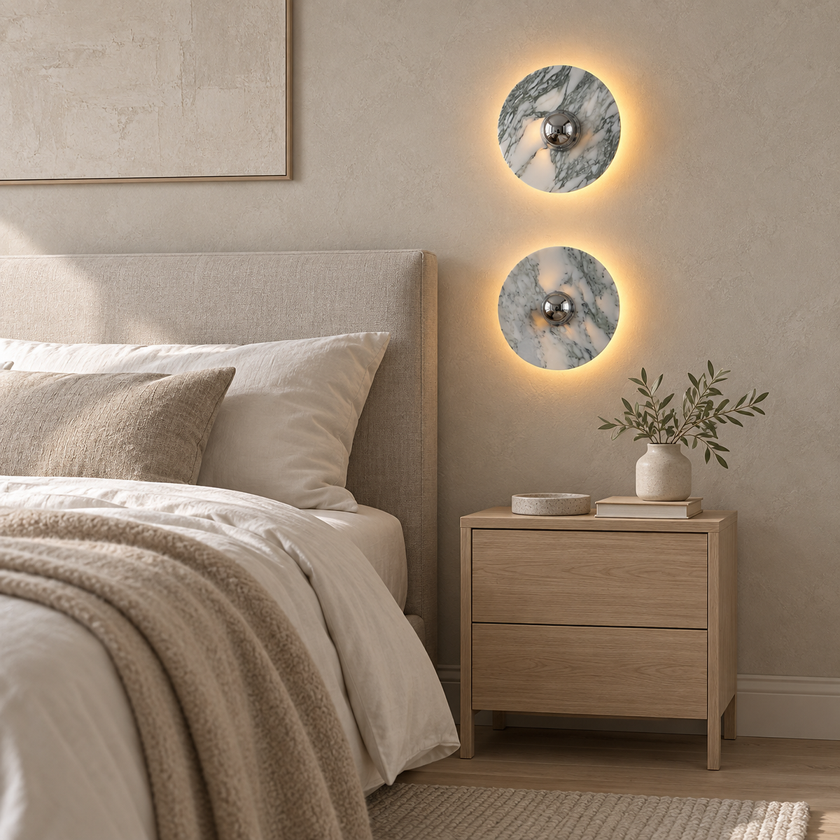 two Talemio chrome marble wall sconces lit and stacked vertically beside the bed