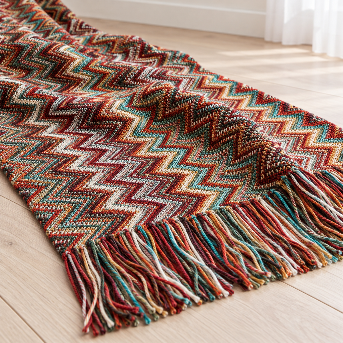 Vanolira red knit throw blanket close up of the multicolored zigzag knit in acrylic yarn