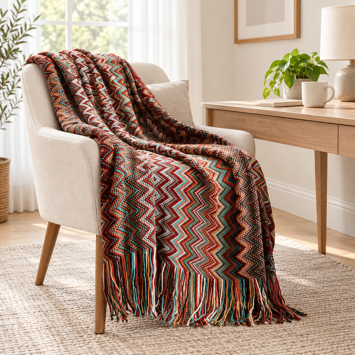 Vanolira red knit throw blanket draped on a desk chair, multicolored yarn tassels on show