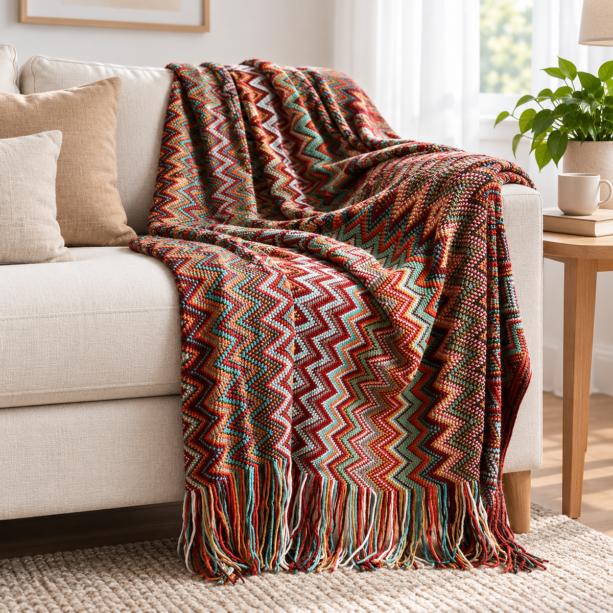 Vanolira red knitted throw blanket for couch draped over the arm of an ivory sofa