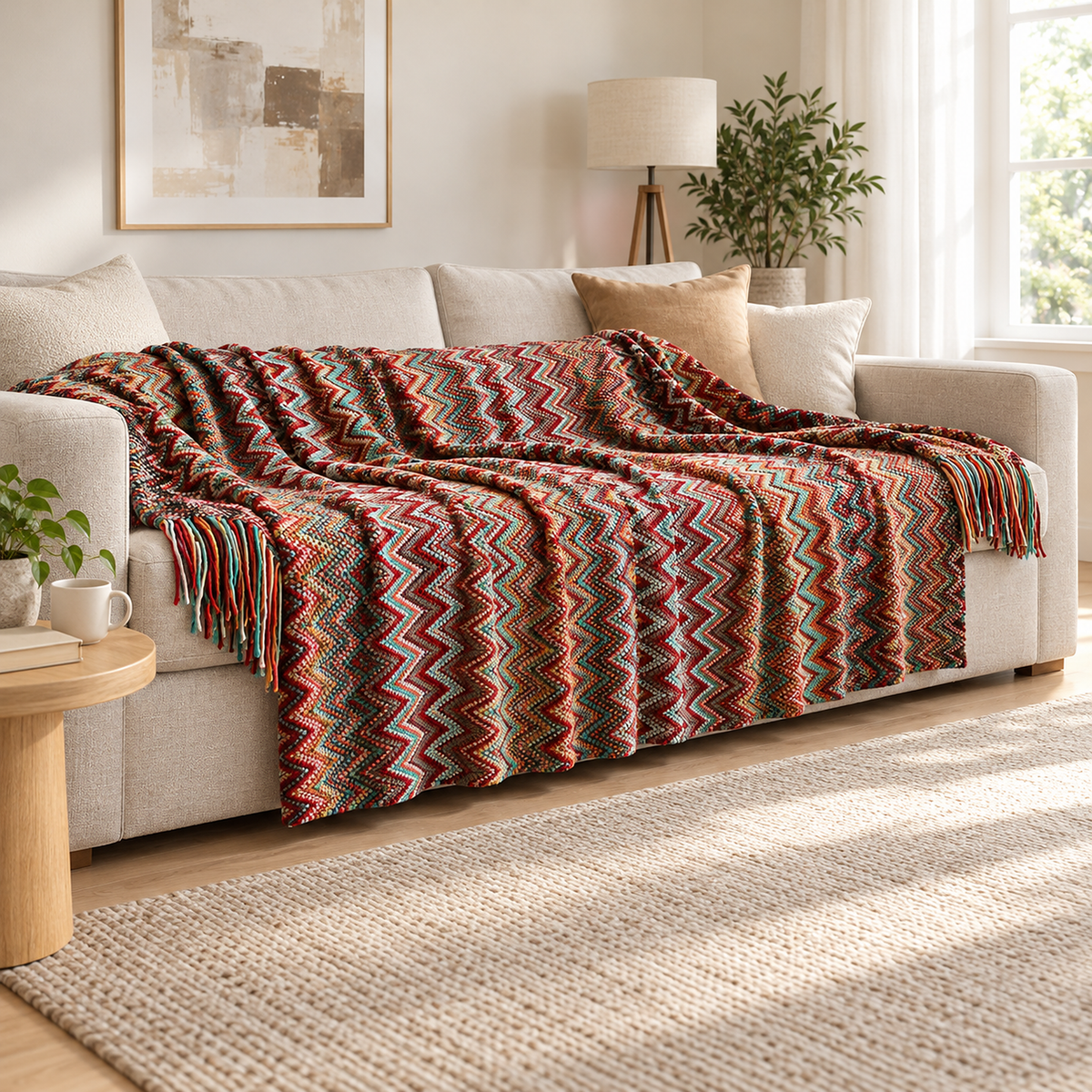 Vanolira red throw blanket for couch laid lengthwise along a sofa seat in a bright living room