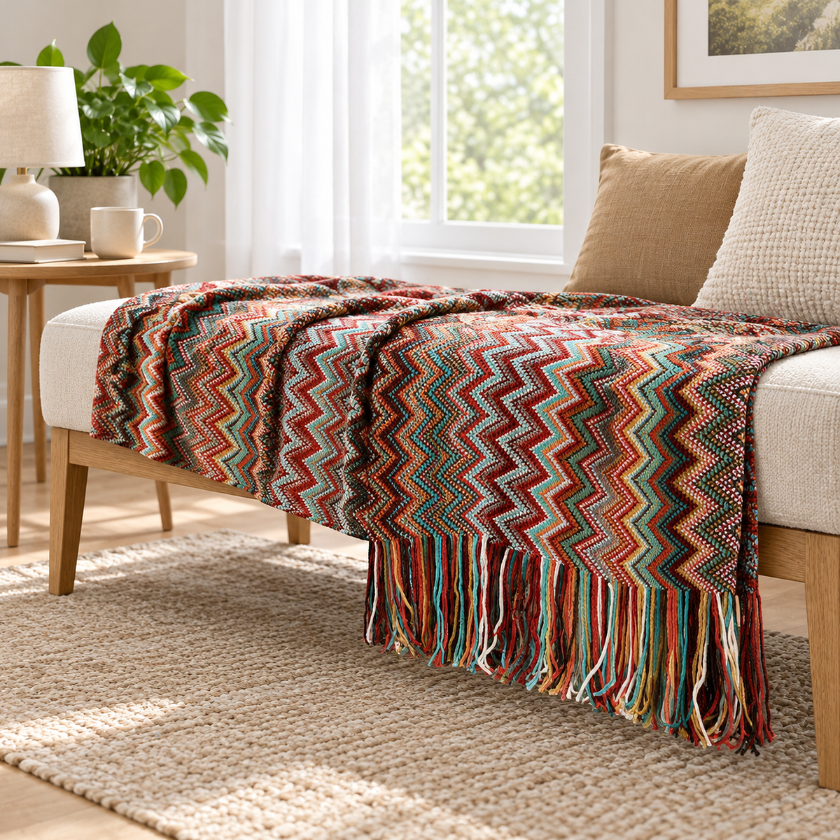 Vanolira red throw blanket laid in a single layer over a bench cushion in an entry alcove