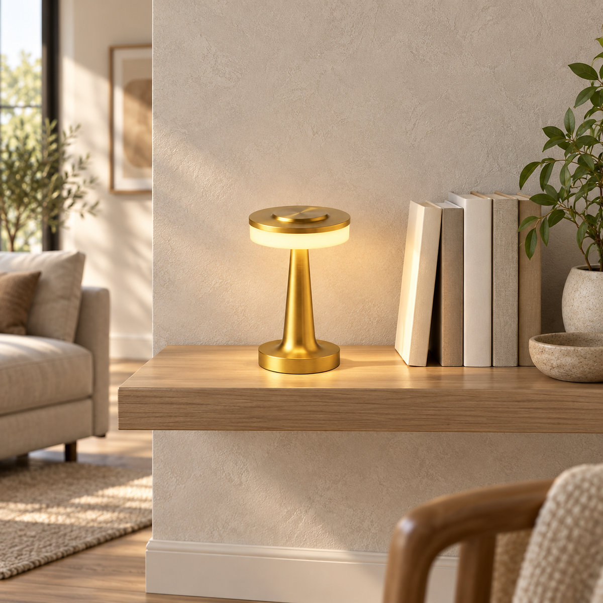 Vanolire gold battery operated table lamp glowing on a living room shelf in daylight