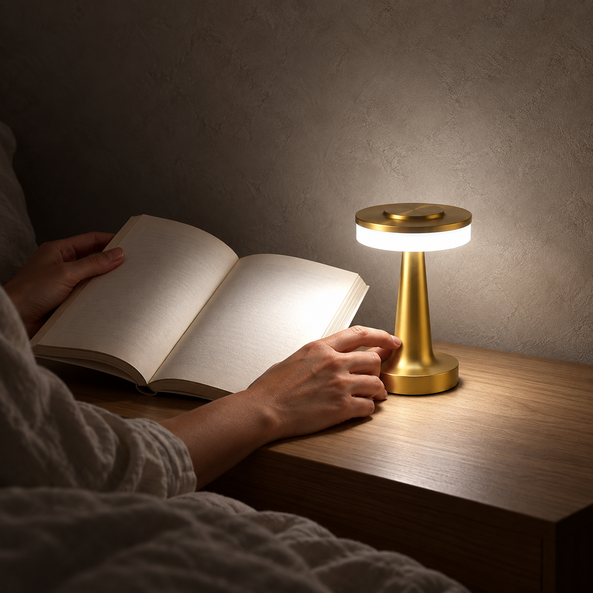 Vanolire gold bedside lamp lighting an open book for a reader in bed at night