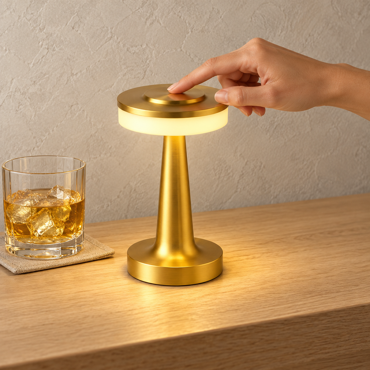 Vanolire gold cordless table lamp glowing on a small home bar counter in daylight