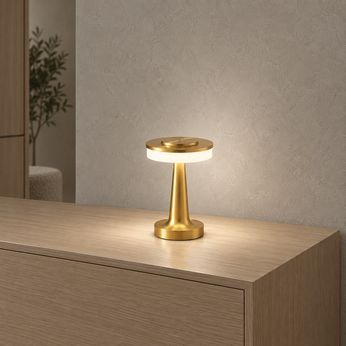 Vanolire gold portable table lamp casting neutral white light across a dressing console