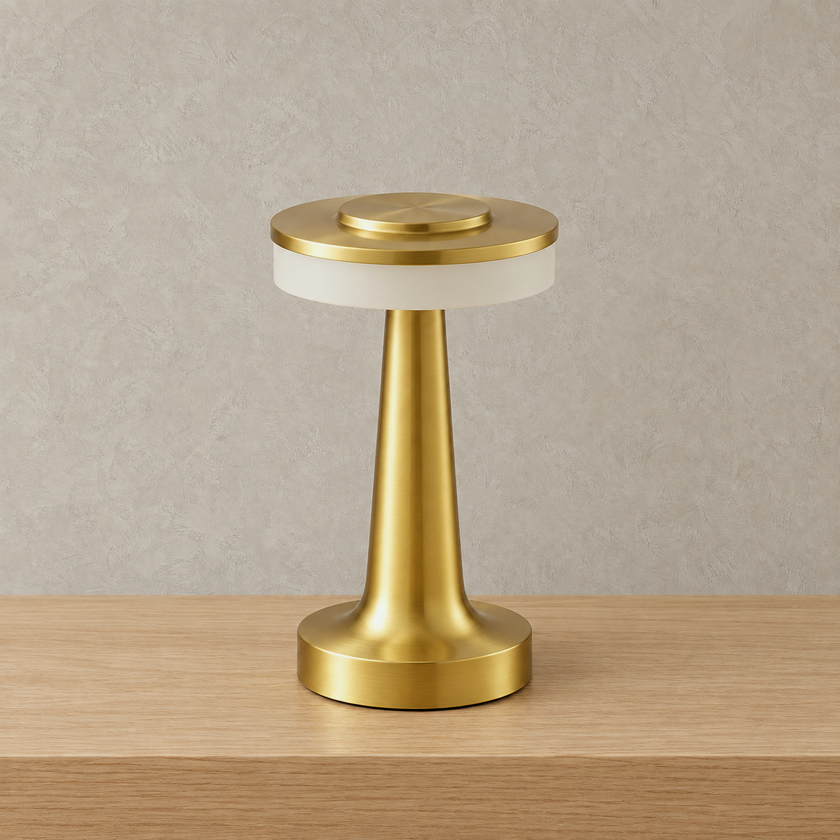 Vanolire gold rechargeable table lamp standing unlit on a plain plate against a plaster wall