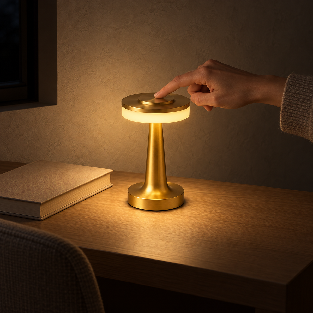 Vanolire gold rechargeable table lamp touched on top to dim the light after dark