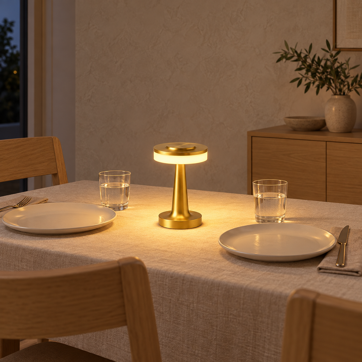 Vanolire gold table lamp casting warm light beside place settings on a dining table