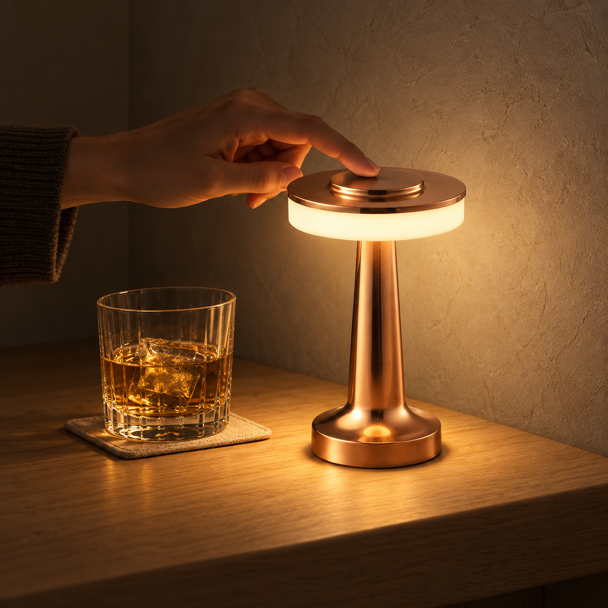 Vanolire rose gold rechargeable table lamp lighting a compact home bar corner after dark #color_rose gold