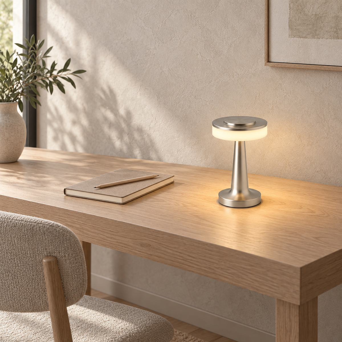 Vanolire silver portable table lamp beside an open notebook on a study desk in daylight #color_silver