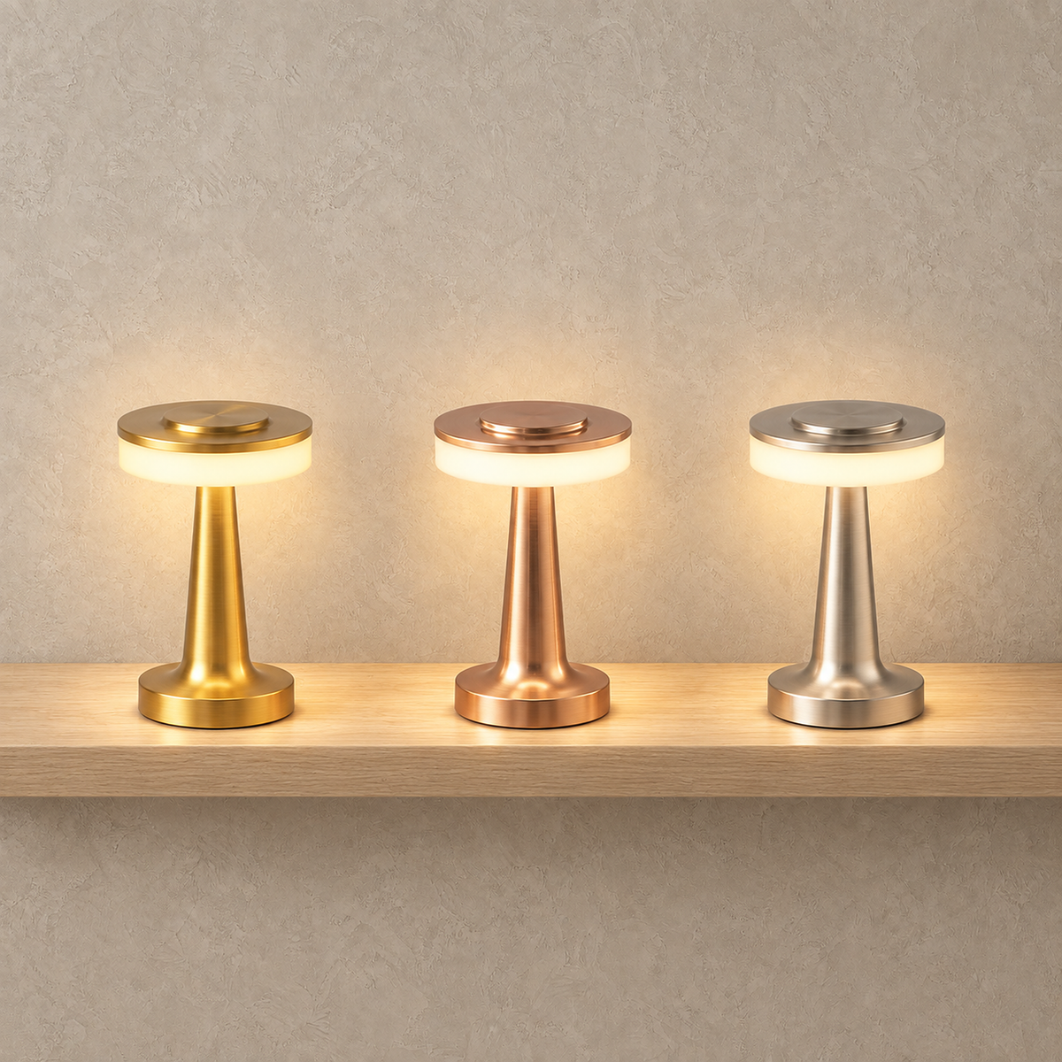 Vanolire table lamp in gold, rose gold and silver glowing side by side on a plain plate