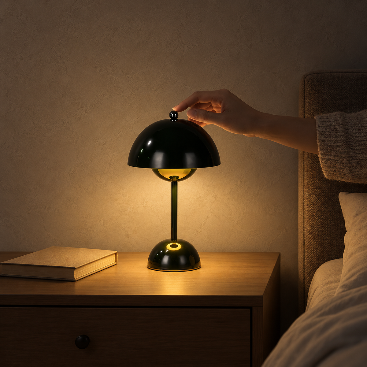 Varimel black cordless table lamp glowing beside the bed in a primary bedroom at night