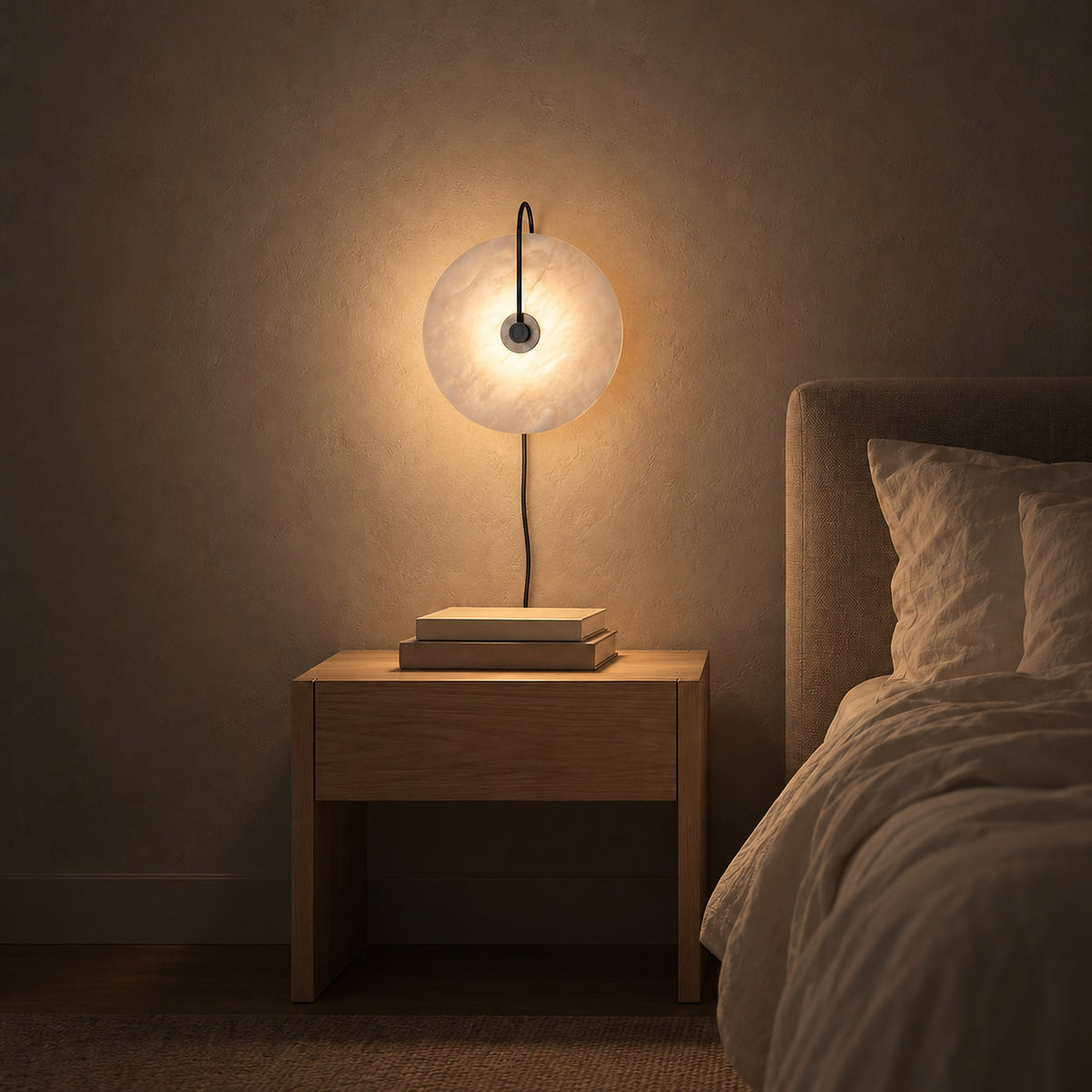 Velirsa black bedside wall light above a stack of books in the bedroom at night