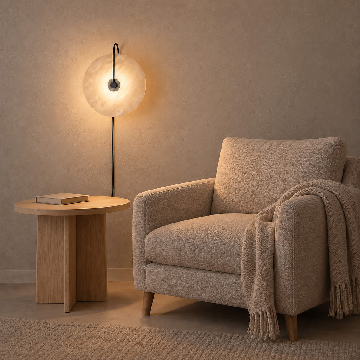 Velirsa black plug in wall light beside a reading corner armchair in afternoon light