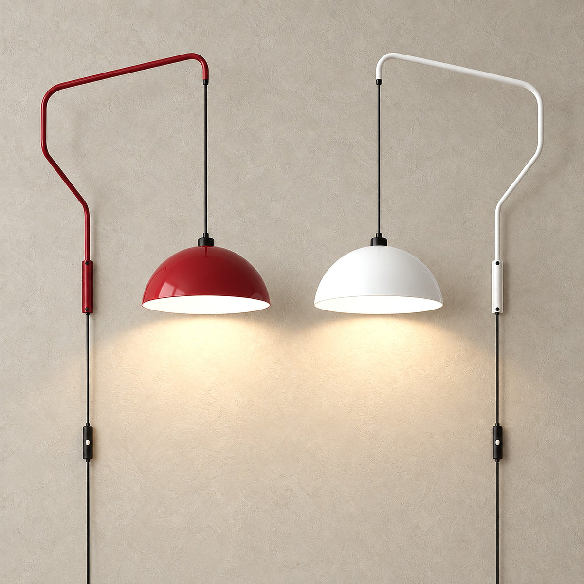 Velisano dark red and white wall lamps compared side by side, both switched on