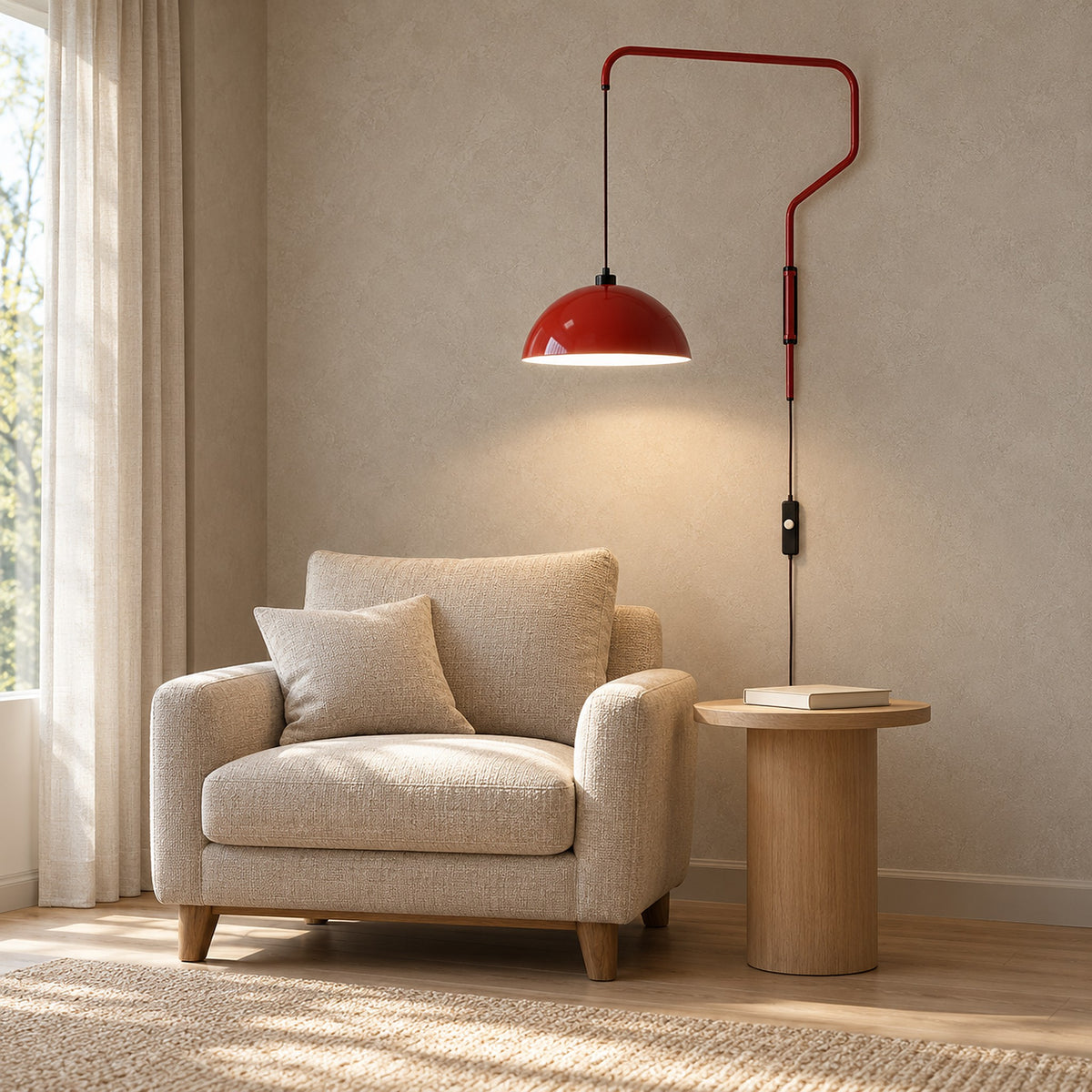 Velisano dark red bedside wall light in a study, with the cord and push button switch in view