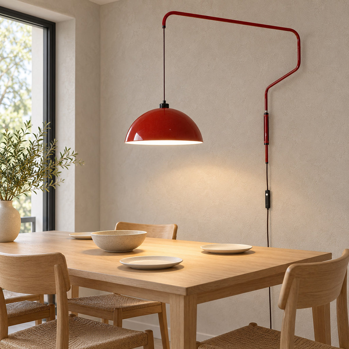 Velisano dark red plug in wall lamp showing the narrow wall bracket, cord and push button switch