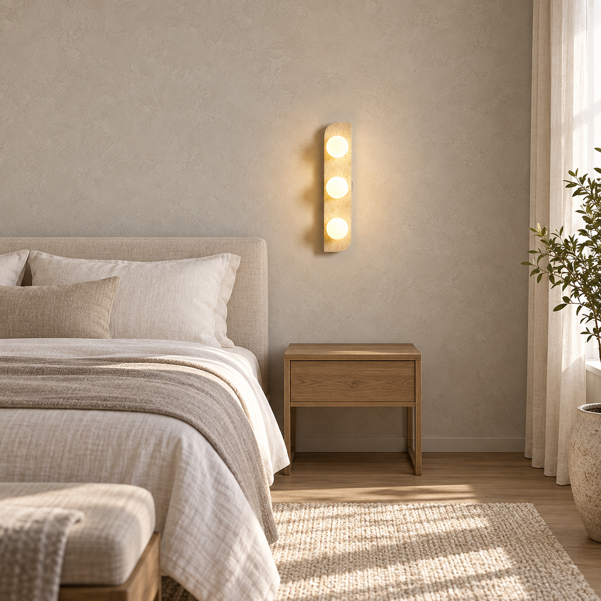 Vemarilo yellow travertine and white bedside wall light glowing above a clear tabletop