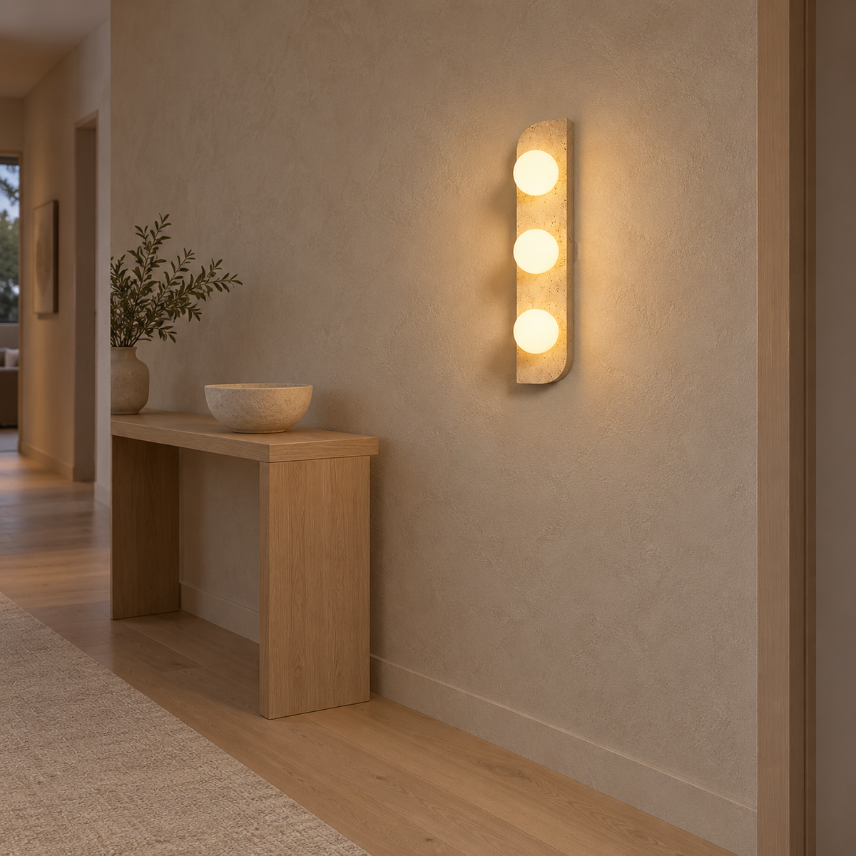 Vemarilo yellow travertine and white plug in wall light above a clear hallway floor