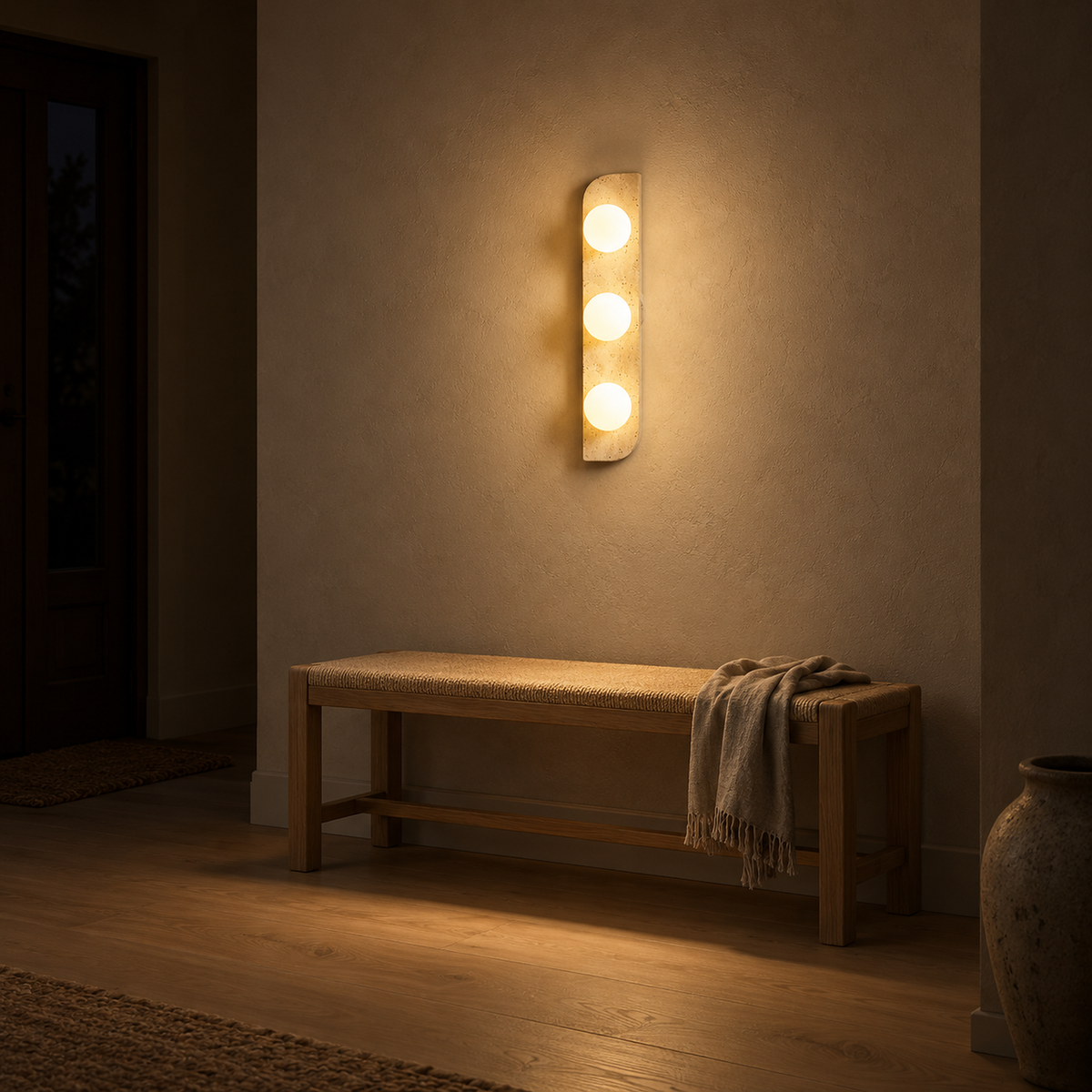 Vemarilo yellow travertine and white wall lamp lighting an entryway after dark