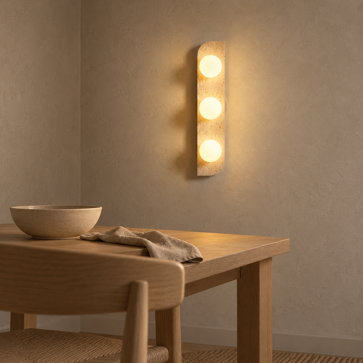 Vemarilo yellow travertine and white wall light glowing beside a dining nook