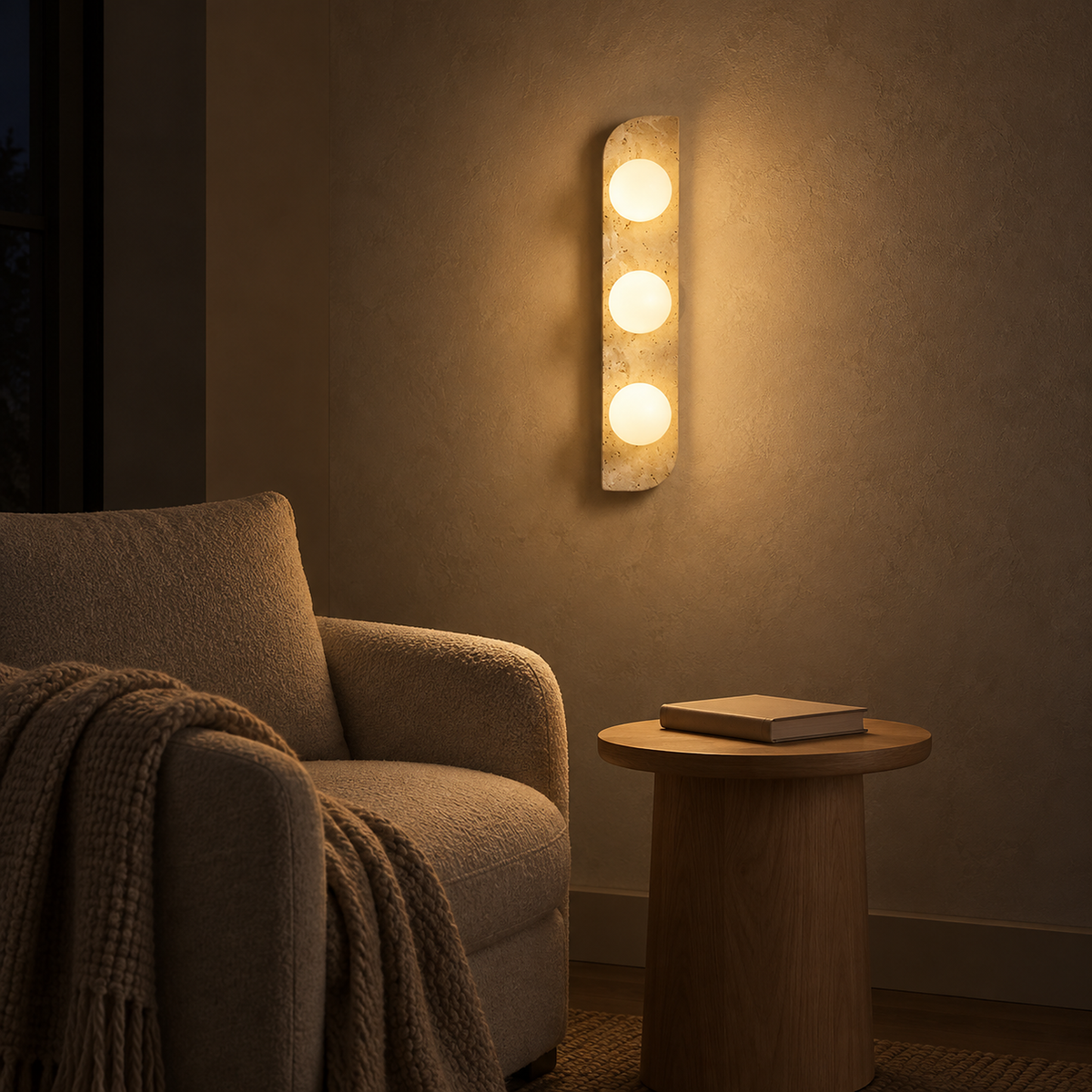 Vemarilo yellow travertine and white wall sconce warming a reading corner at night