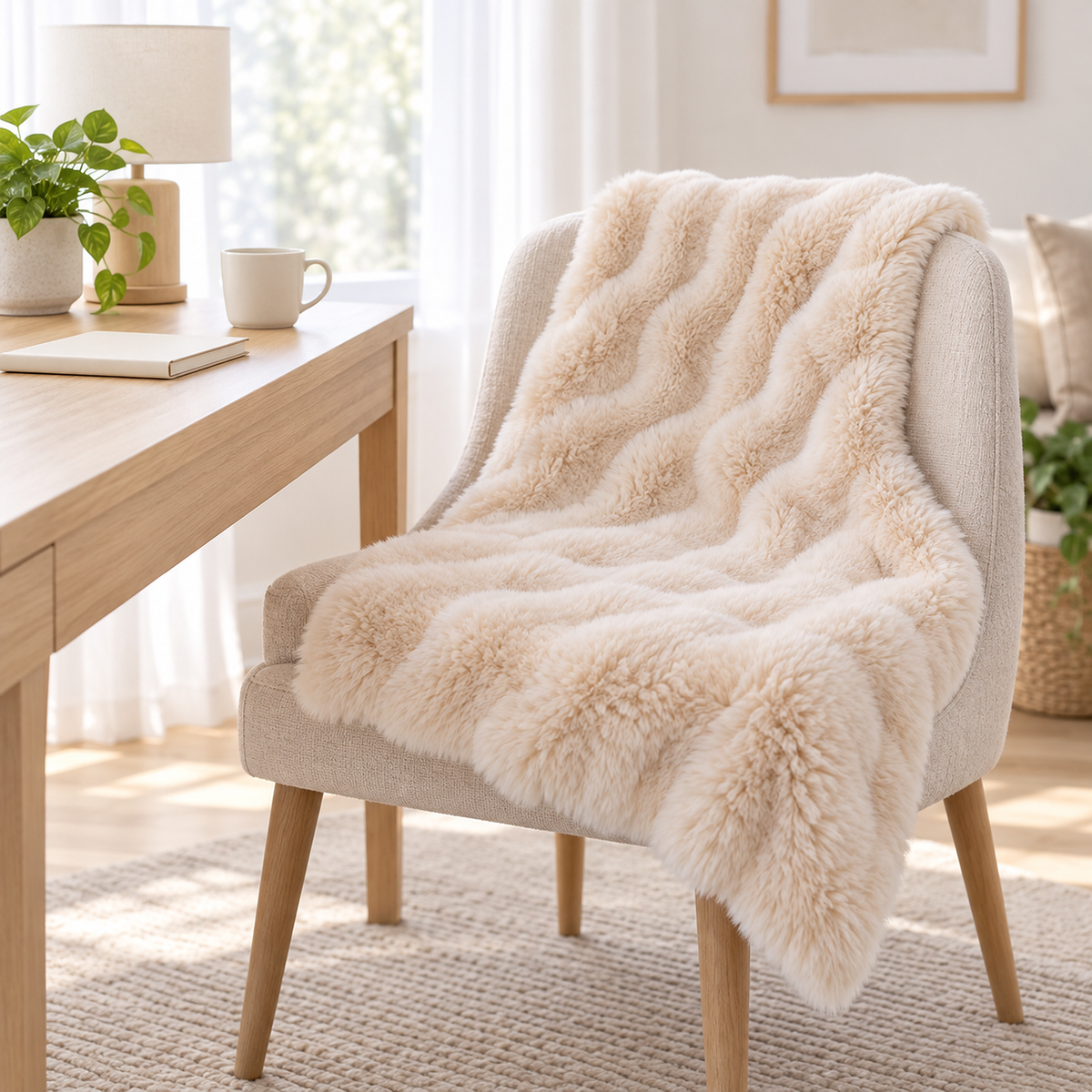 Vemarsi beige faux fur throw blanket corner showing the soft ruched plush pile up close