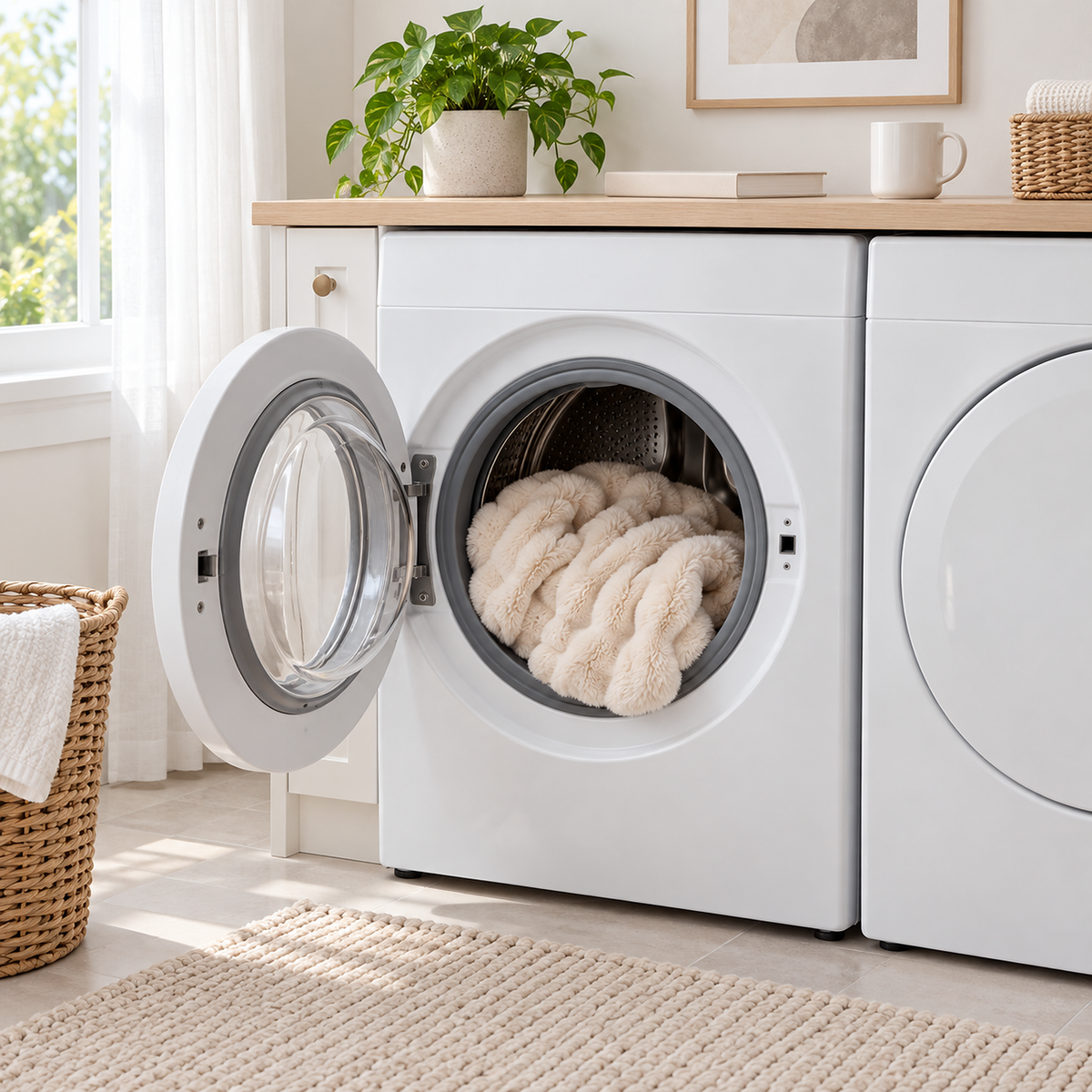 Vemarsi beige faux fur throw blanket ready for a gentle cold machine wash in a daylit laundry room