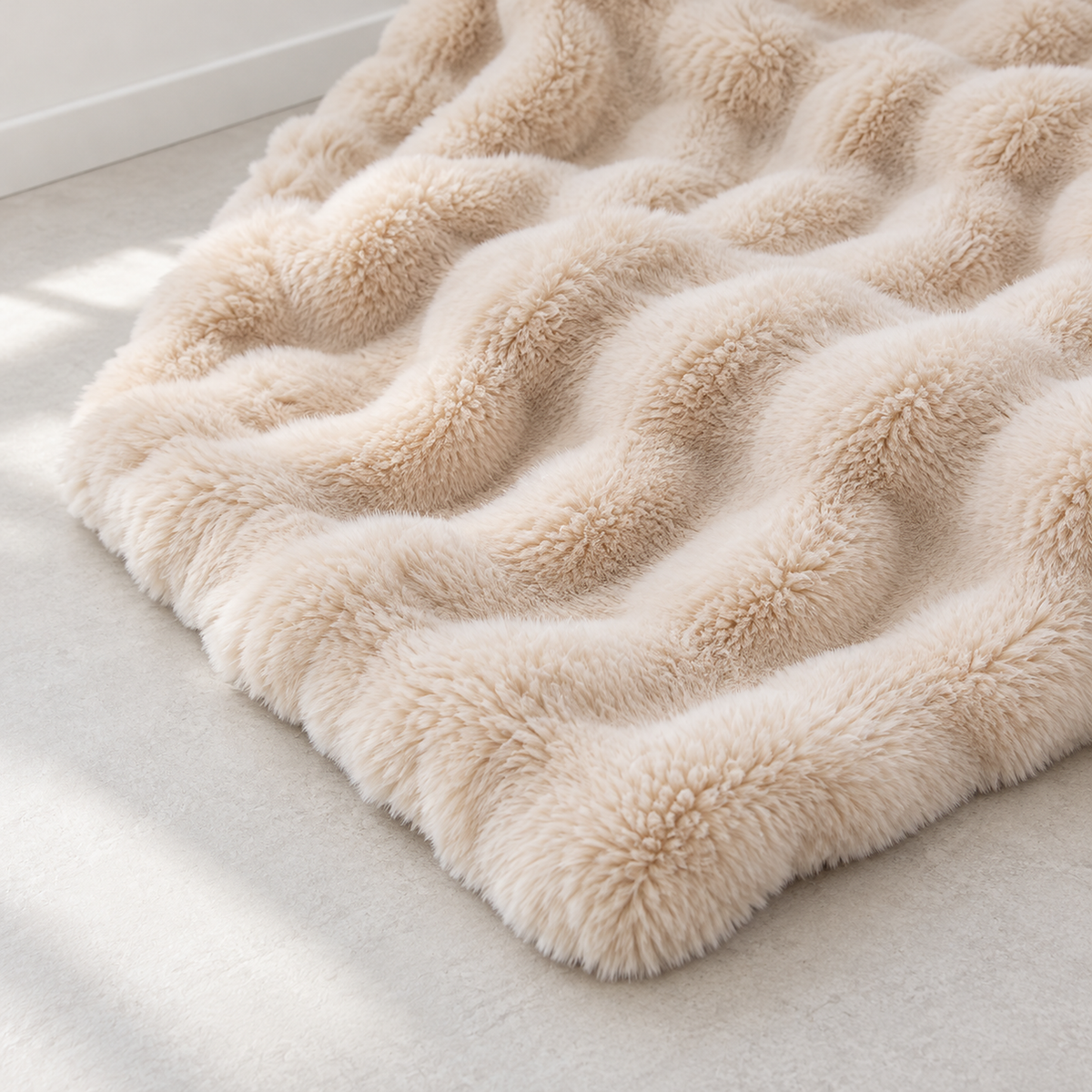 Vemarsi beige plush throw blanket in close up showing the ruched pile with rounded ripples and lower channels
