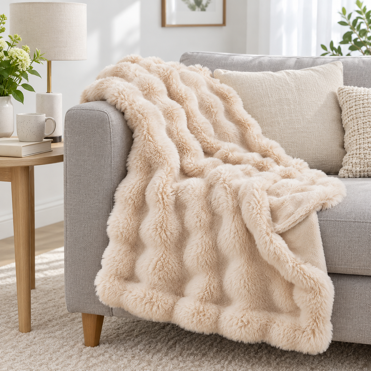 Vemarsi beige throw blanket for couch draped over the arm of a pale sofa in daylight