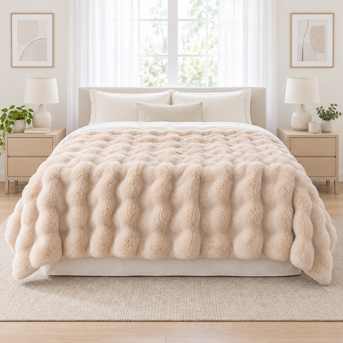 Vemarsi beige throw blanket in the largest 200 x 230 cm size spread across a queen bed with side drops