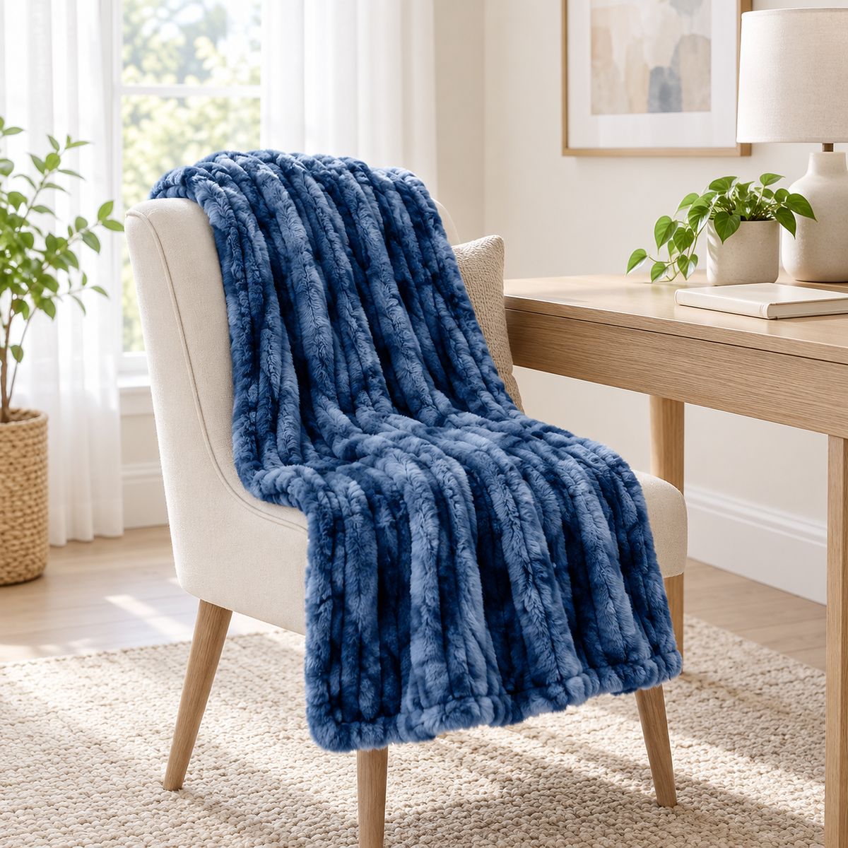 Vemarsi blue reversible throw blanket in the small size opened over an upholstered writing chair #color_blue