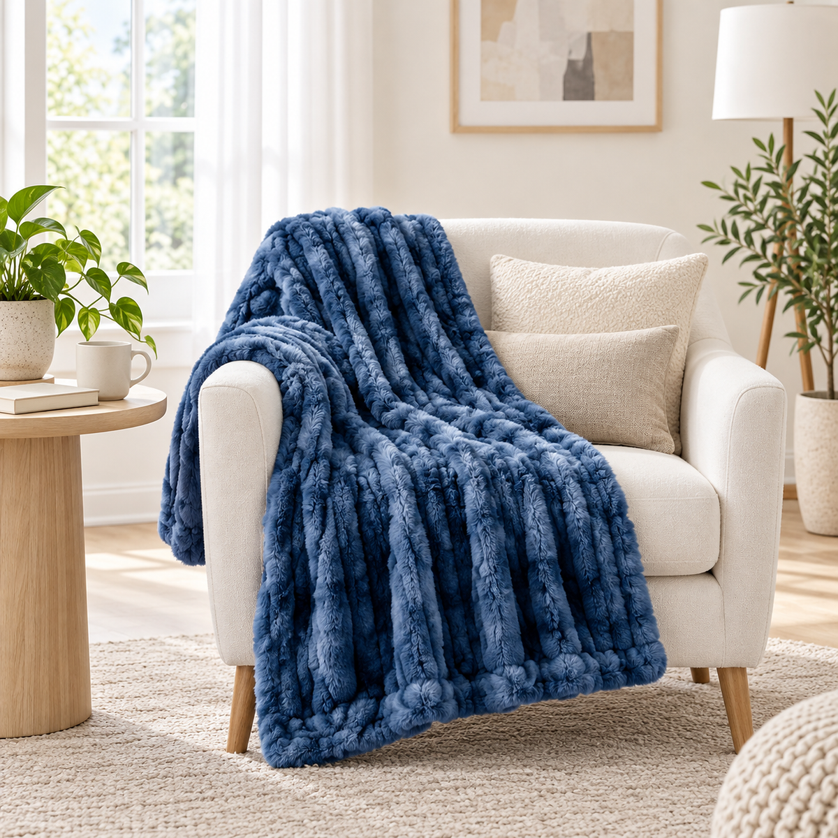 Vemarsi blue soft throw blanket in faux fur draped on a white accent chair in a breakfast room nook #color_blue