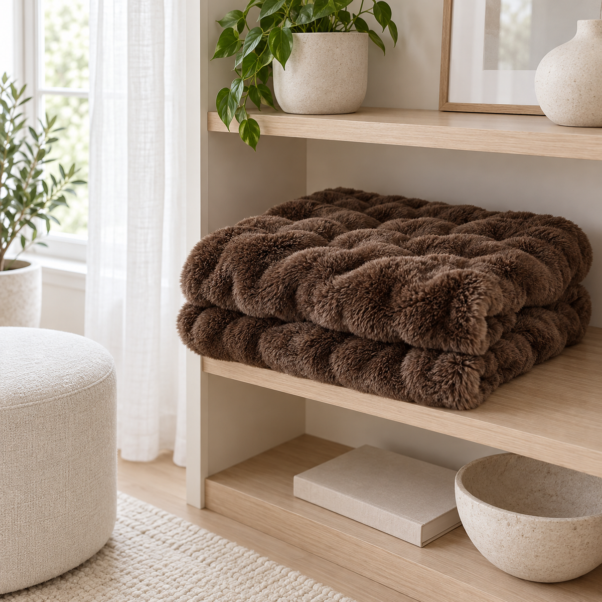 Vemarsi brown plush throw blanket loosely folded on an open wooden shelf in a bright storage nook #color_brown