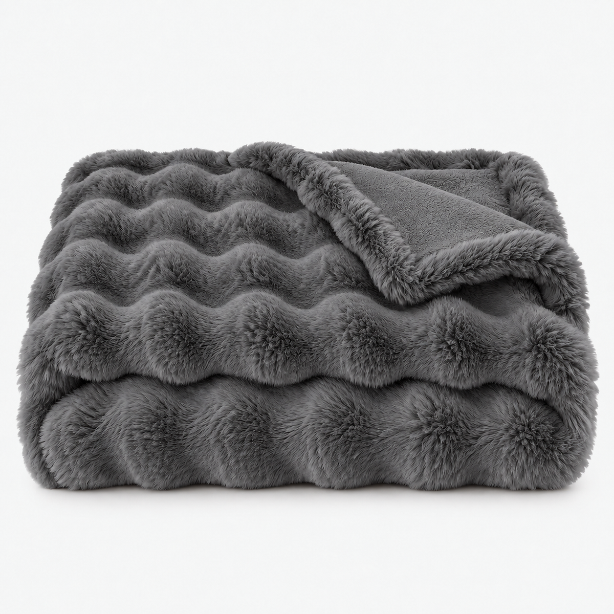 Vemarsi gray faux fur throw blanket loosely folded on a white backdrop #color_gray