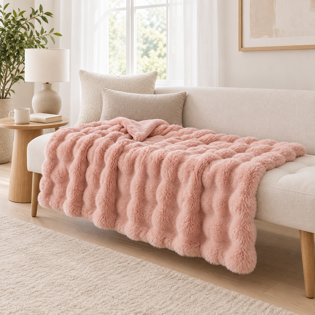 Vemarsi pink soft throw blanket in the small size laid open along a cushioned landing bench #color_pink