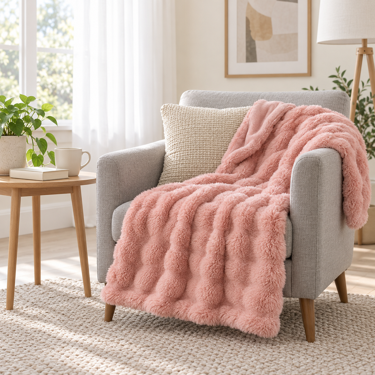 Vemarsi pink soft throw blanket with rippled faux fur over a pale chair in a daylit music room nook #color_pink