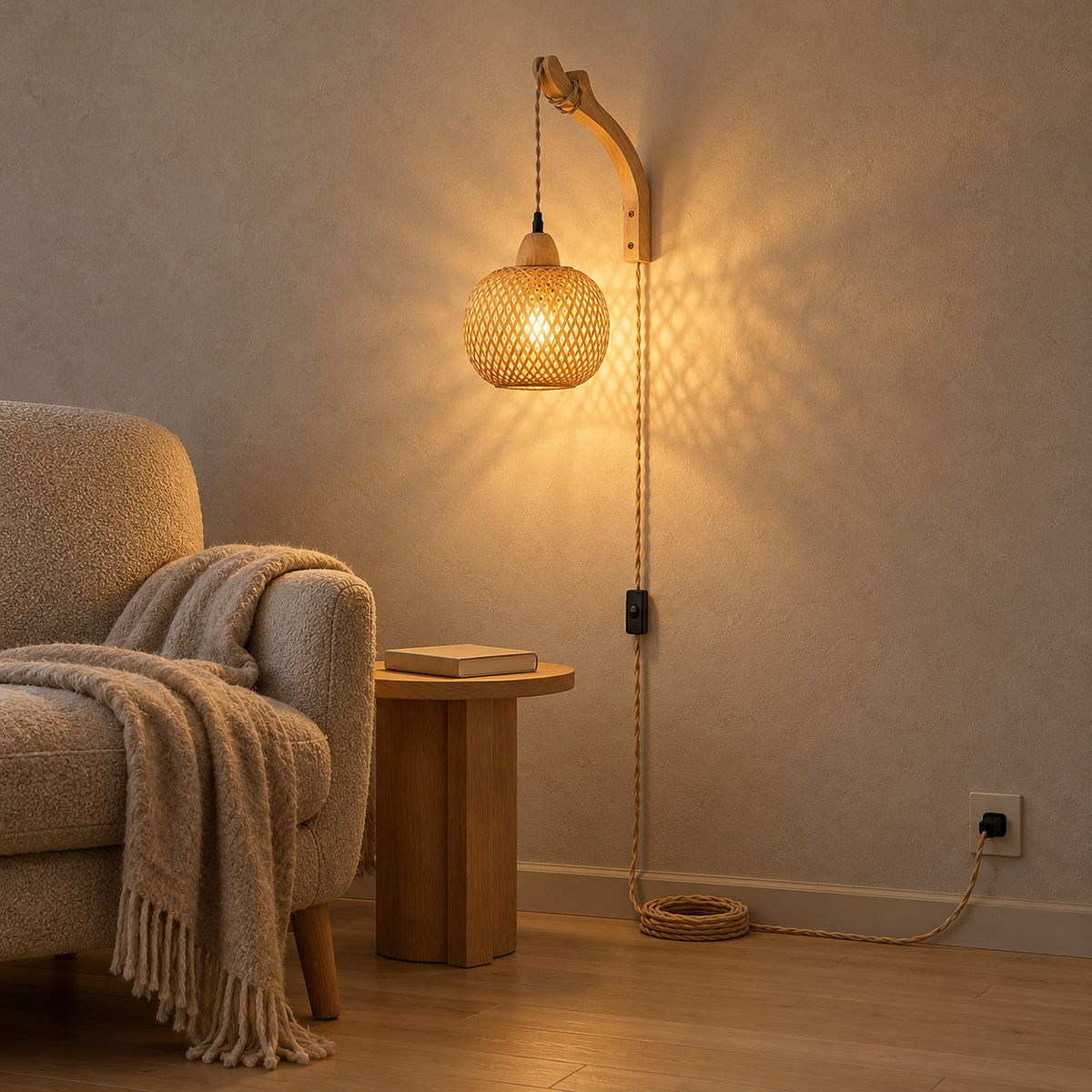 Vemira wood plug in wall lamp with visible cord and inline switch beside a living room chair