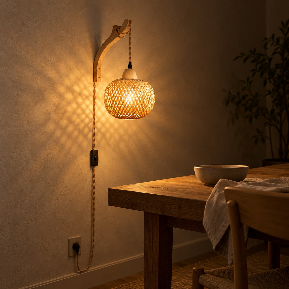 Vemira wood plug in wall light with bamboo shade and cord switch in a dining room at night
