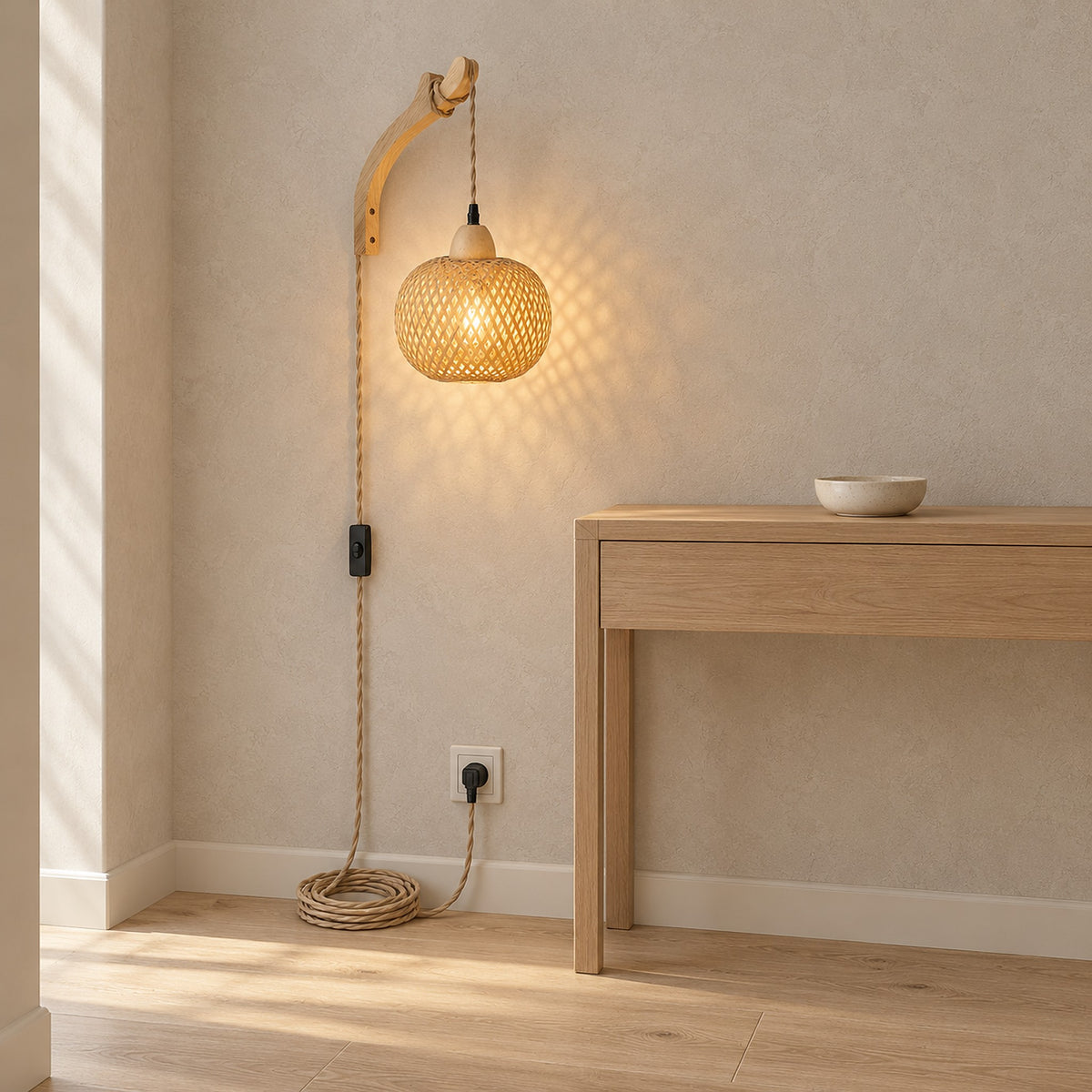 Vemira wood plug in wall light with its cord running down to a wall outlet