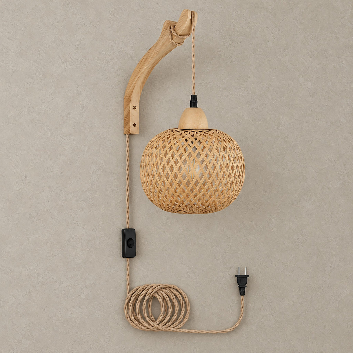 Vemira wood plug in wall sconce with woven bamboo shade and cord, shown unlit