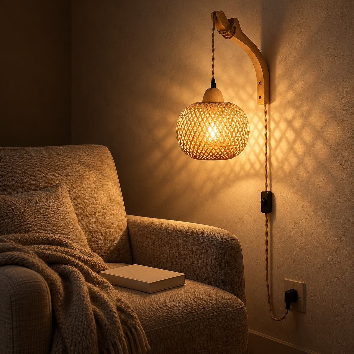 Vemira wood wall lamp casting a pattern of light and shadow over a reading corner at night
