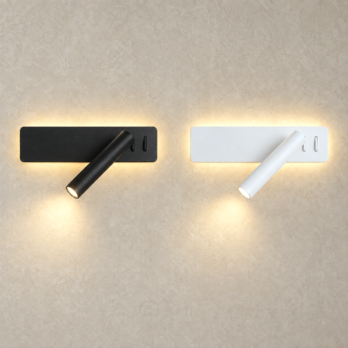 Vemirsa black and white LED wall sconces lit side by side for comparing both finishes