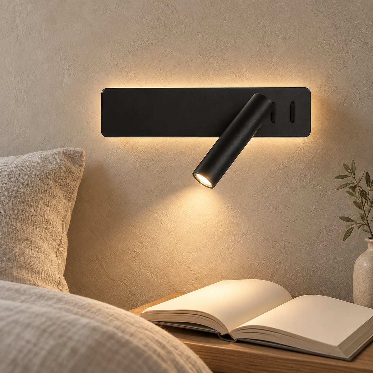 Vemirsa black bedside lamp shining warm white light over an open book in a guest alcove
