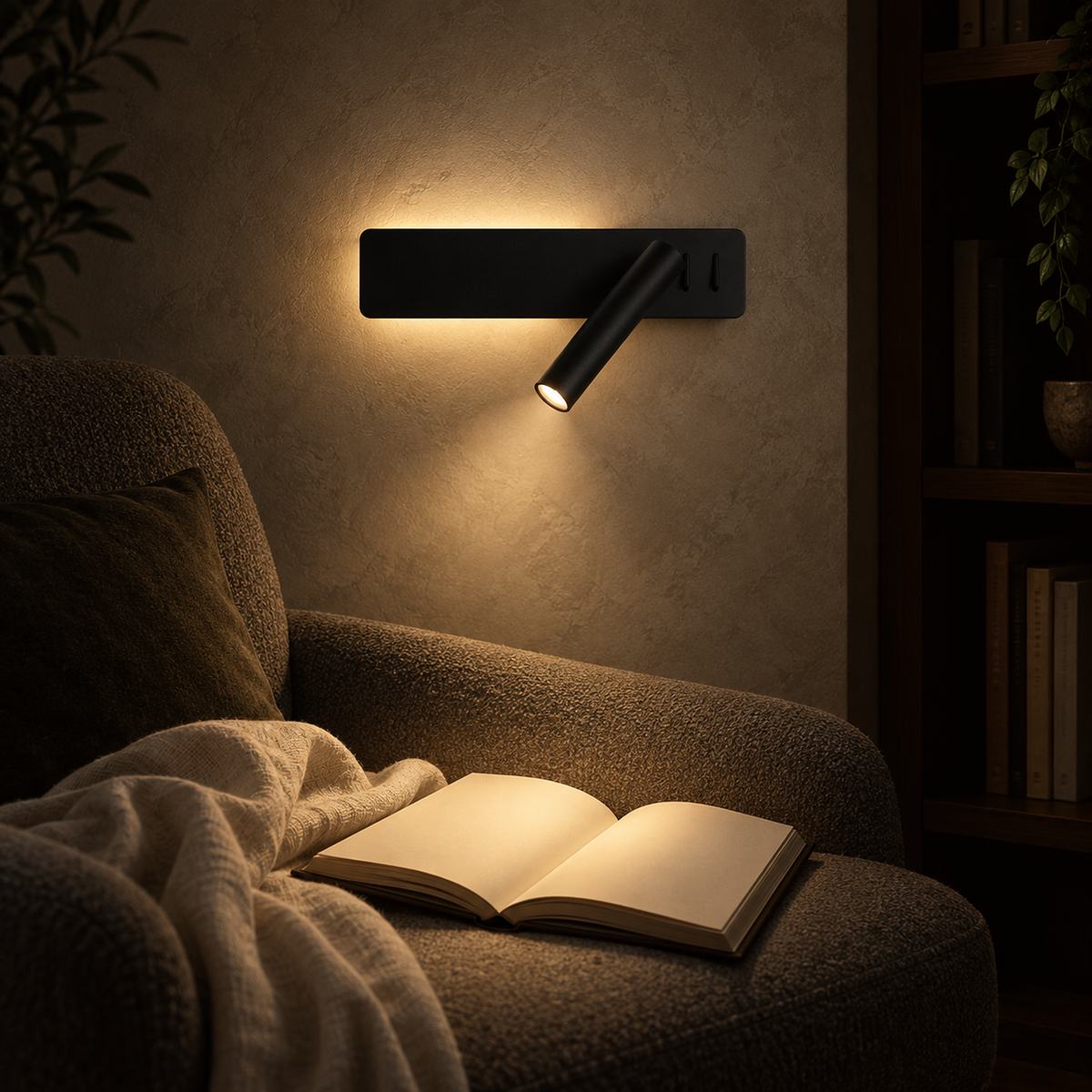 Vemirsa black LED wall sconce casting a reading beam and a soft ambient glow on the nook wall