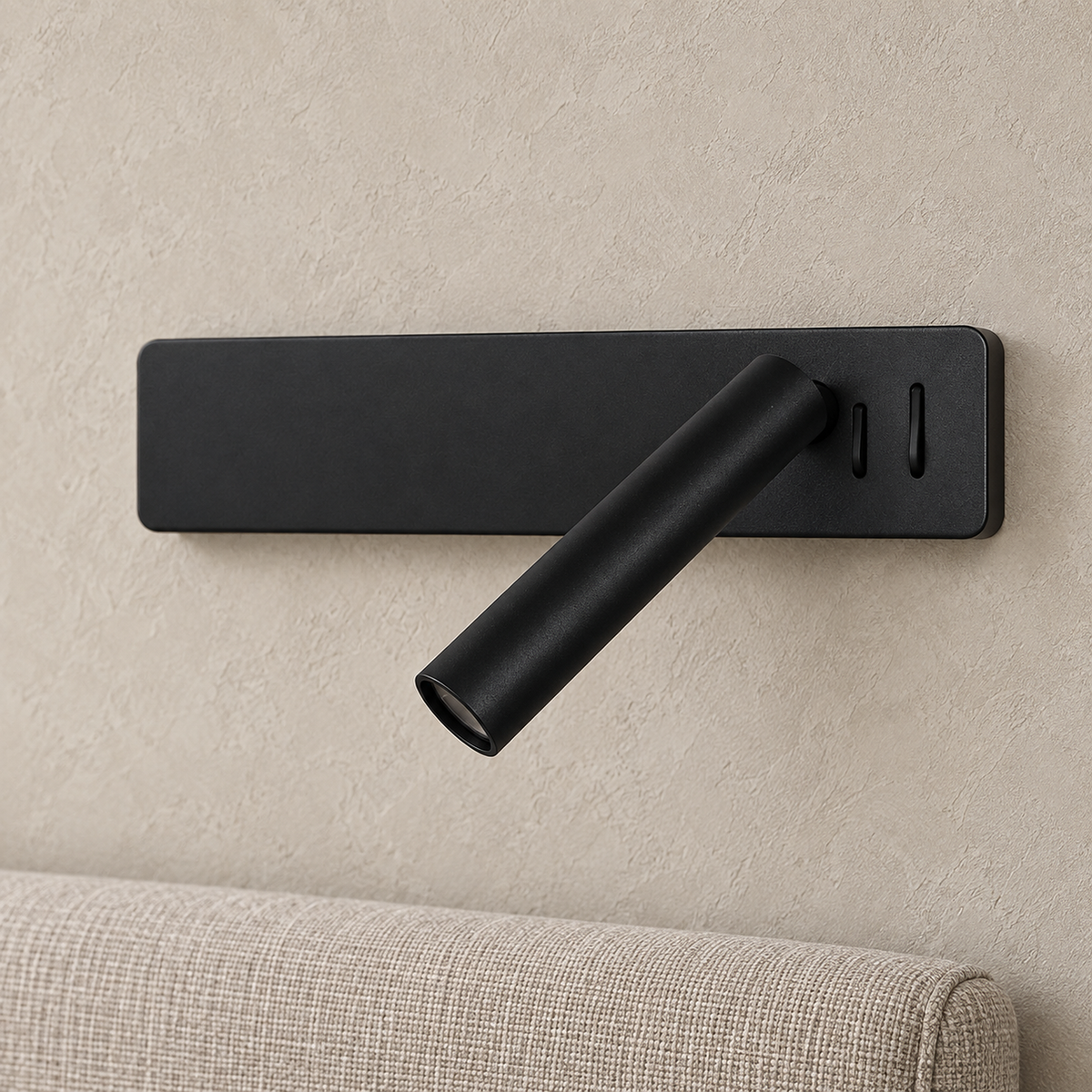 Vemirsa black LED wall sconce head close up showing the pivot aperture and matte finish
