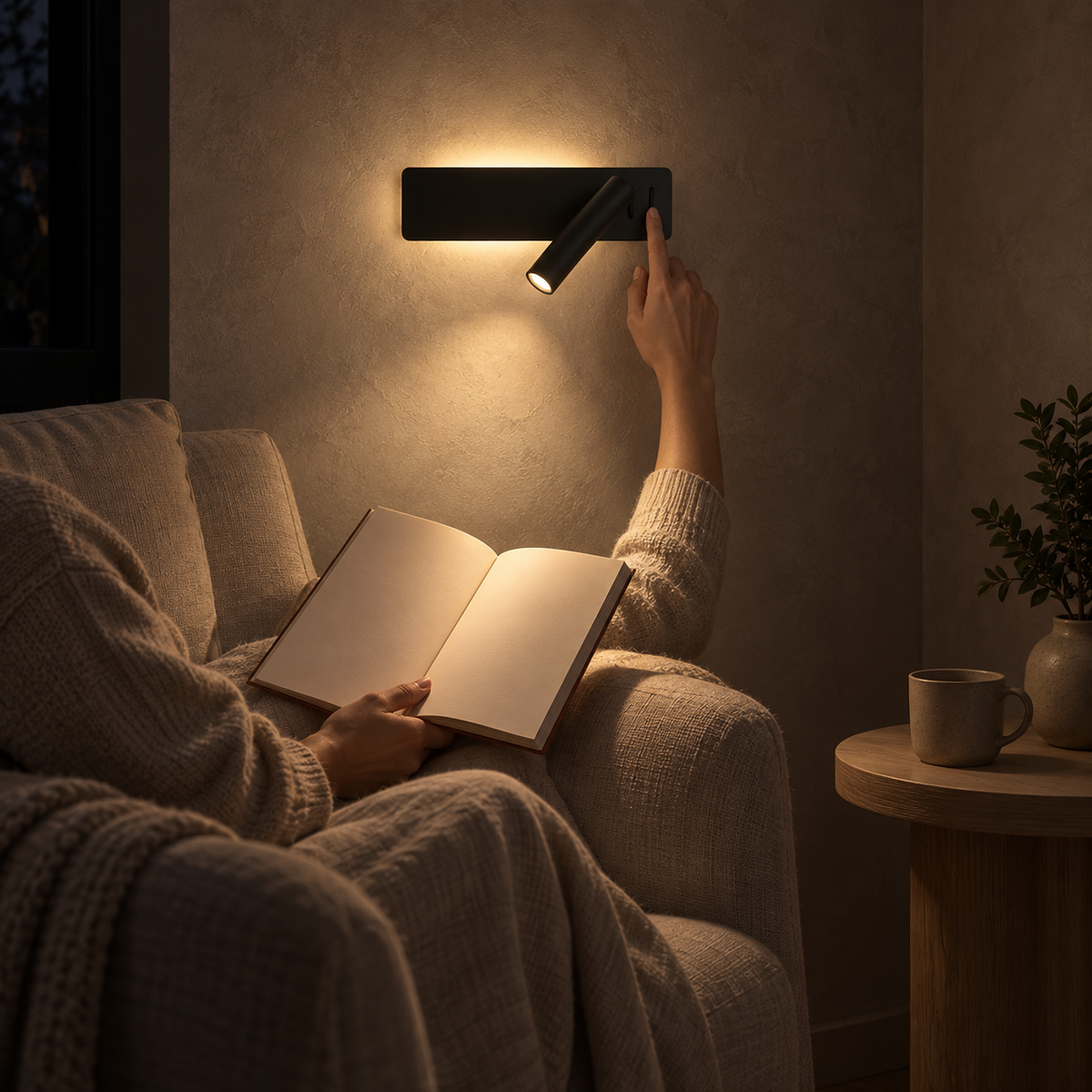 Vemirsa black LED wall sconce lighting a book held by a reader seated in a living room